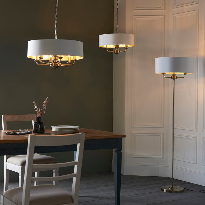 Endon 98933 Highclere 6lt Pendant Antique brass plate & vintage white fabric 6 x 40W E14 candle (Required) - westbasedirect.com