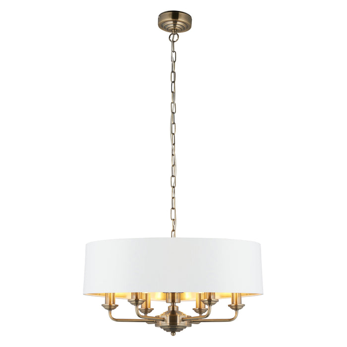 Endon 98933 Highclere 6lt Pendant Antique brass plate & vintage white fabric 6 x 40W E14 candle (Required) - westbasedirect.com