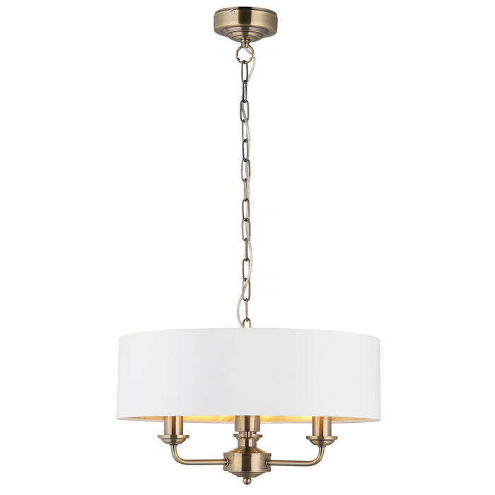 Endon 98934 Highclere 3lt Pendant Antique brass plate & vintage white fabric 3 x 40W E14 candle (Required) - westbasedirect.com