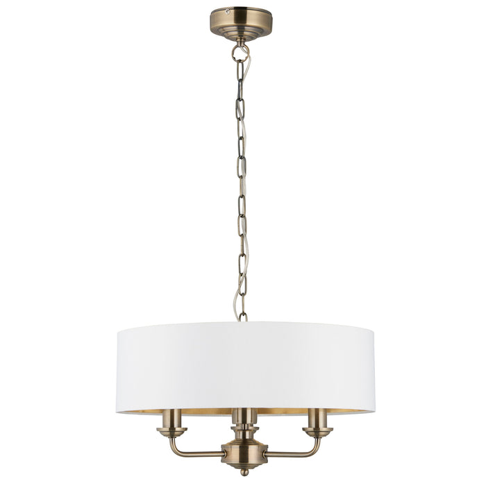 Endon 98934 Highclere 3lt Pendant Antique brass plate & vintage white fabric 3 x 40W E14 candle (Required) - westbasedirect.com