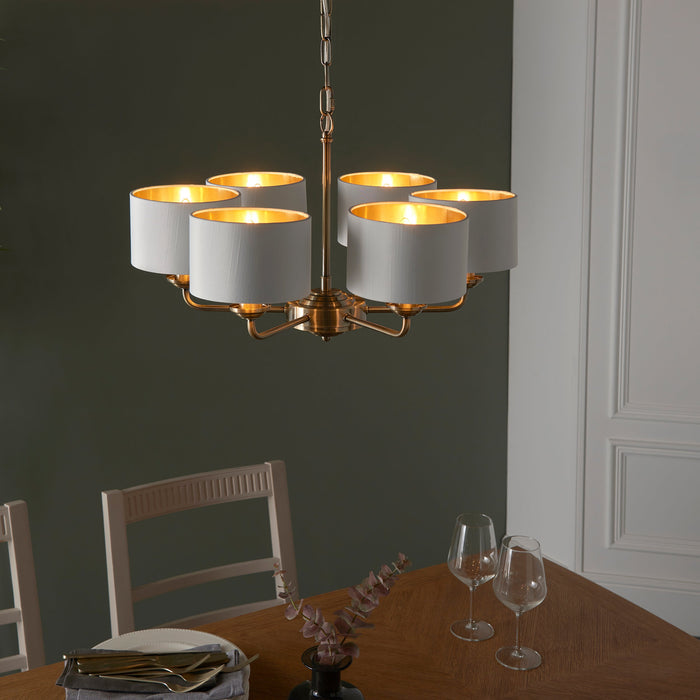 Endon 98936 Highclere 6lt Pendant Antique brass plate & vintage white fabric 6 x 28W E14 Eco golf (Required) - westbasedirect.com