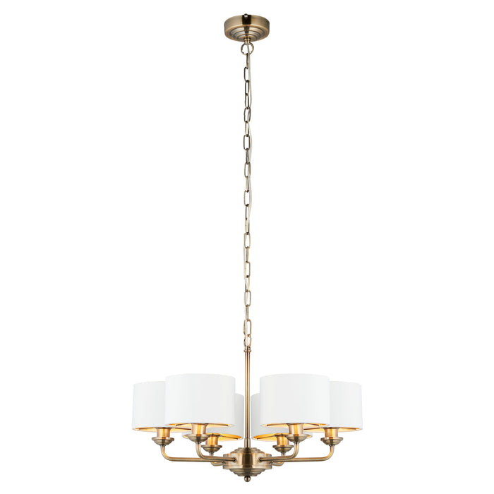 Endon 98936 Highclere 6lt Pendant Antique brass plate & vintage white fabric 6 x 28W E14 Eco golf (Required) - westbasedirect.com