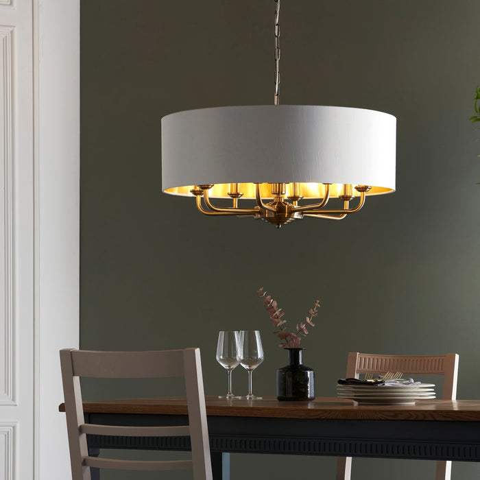 Endon 98938 Highclere 8lt Pendant Antique brass plate & vintage white fabric 8 x 40W E14 candle (Required) - westbasedirect.com