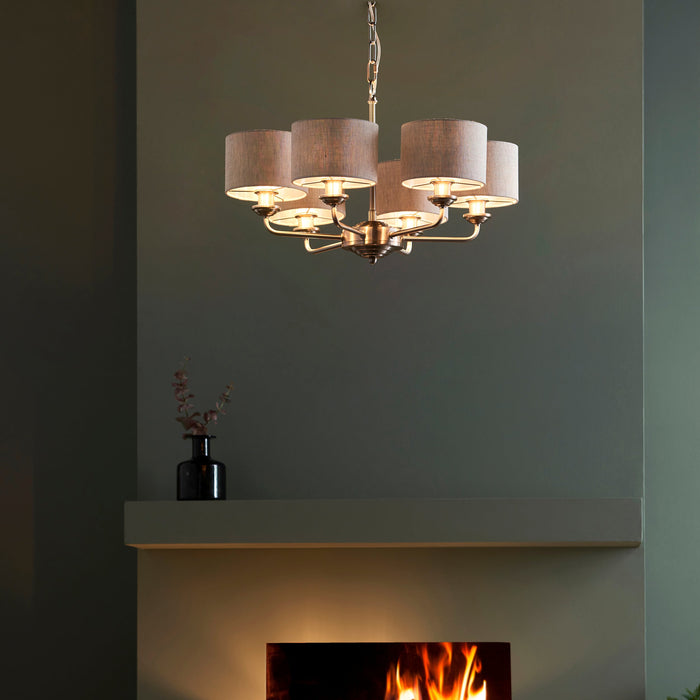 Endon 99151 Highclere 6lt Pendant Brushed chrome plate & natural linen 6 x 28W E14 Eco golf (Required) - westbasedirect.com