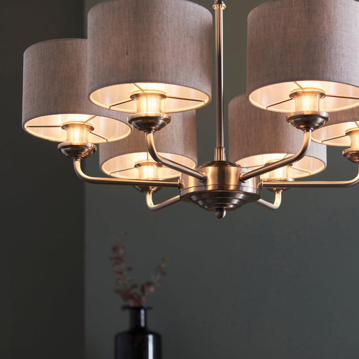 Endon 99151 Highclere 6lt Pendant Brushed chrome plate & natural linen 6 x 28W E14 Eco golf (Required) - westbasedirect.com