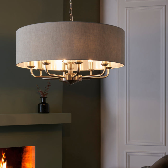 Endon 99152 Highclere 8lt Pendant Brushed chrome plate & natural linen 8 x 40W E14 candle (Required) - westbasedirect.com