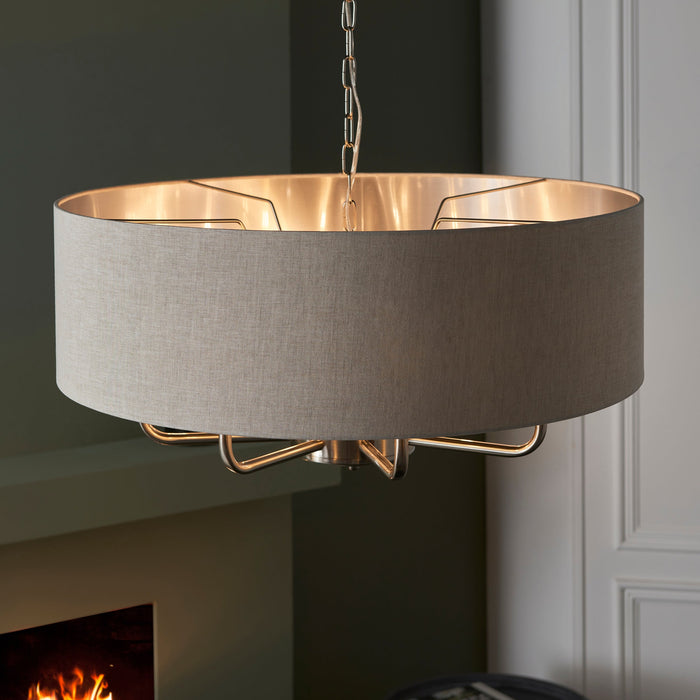 Endon 99152 Highclere 8lt Pendant Brushed chrome plate & natural linen 8 x 40W E14 candle (Required) - westbasedirect.com