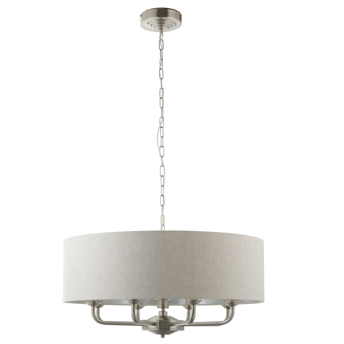 Endon 99152 Highclere 8lt Pendant Brushed chrome plate & natural linen 8 x 40W E14 candle (Required) - westbasedirect.com