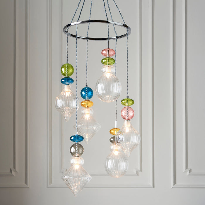 Endon 99593 April 6lt Pendant Chrome plate, clear & multi coloured glass 6 x 3W LED G9 (Required) - westbasedirect.com