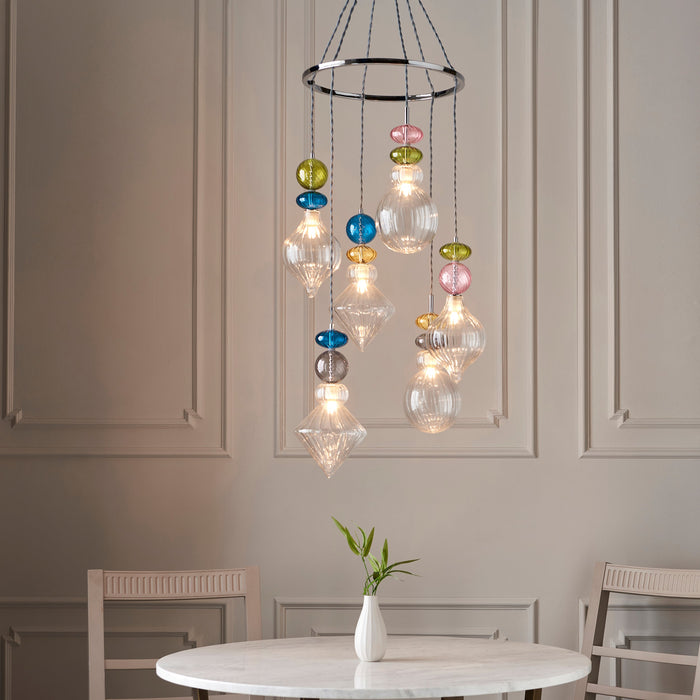 Endon 99593 April 6lt Pendant Chrome plate, clear & multi coloured glass 6 x 3W LED G9 (Required) - westbasedirect.com