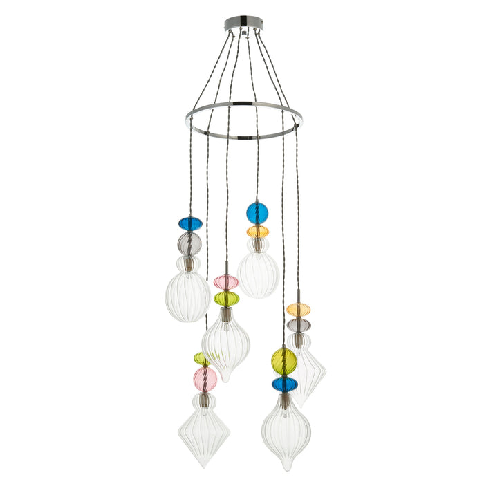 Endon 99593 April 6lt Pendant Chrome plate, clear & multi coloured glass 6 x 3W LED G9 (Required) - westbasedirect.com