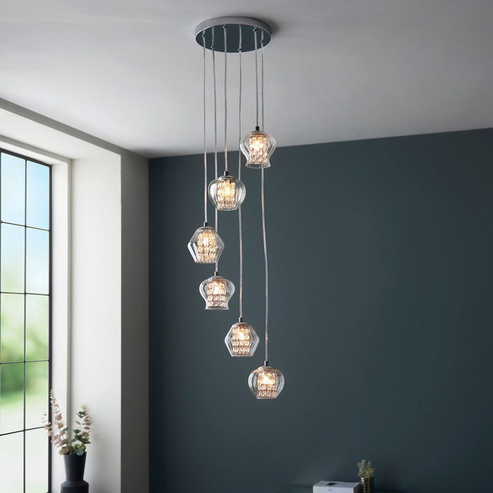 Endon 99607 Mesmer 6lt Pendant Chrome plate, clear glass with clear glass beads 6 x 3W LED G9 (Required) - westbasedirect.com