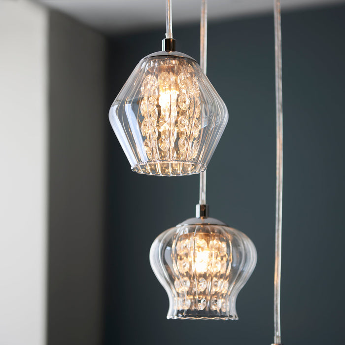 Endon 99607 Mesmer 6lt Pendant Chrome plate, clear glass with clear glass beads 6 x 3W LED G9 (Required) - westbasedirect.com