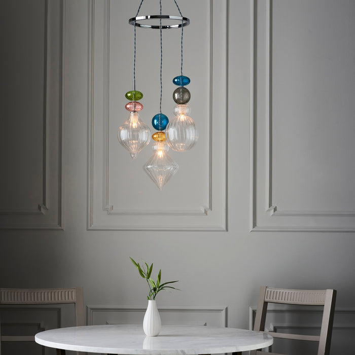 Endon 99786 April 3lt Pendant Chrome plate, clear & multi coloured glass 3 x 3W LED G9 (Required) - westbasedirect.com