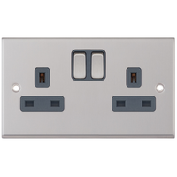 Selectric 7MPRO-751 7M-PRO 2 Gang 13A Switched SP Socket Outlet - Satin Chrome, Grey Insert