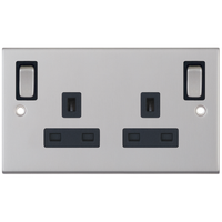 Selectric DSL285 5M 2 Gang 13A Switched DP Socket Outlet with Outboard Rockers & 2 Earth Terminals - Satin Chrome, Black Insert