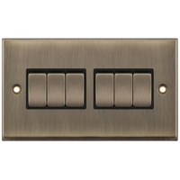 Selectric 7MPRO-605 7M-PRO 6 Gang 2 Way 10AX Plate Switch - Antique Brass, Black Insert