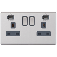 Selectric 5MPLUS-161 5M-PLUS Screwless 2 Gang 13A Switched Socket Outlet with 2x USB Type-A (2.1A/1A) - Satin Chrome, Grey Insert