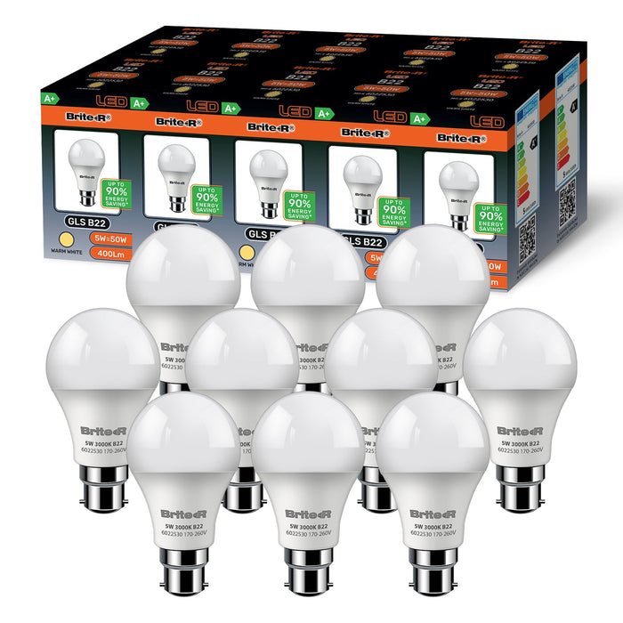 Brite-R 5W B22 BC GLS LED Bulb Warm White 3000K (10 Pack)