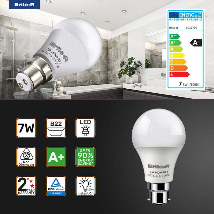 Brite-R 7W B22 BC GLS LED Bulb Warm White 3000K - westbasedirect.com