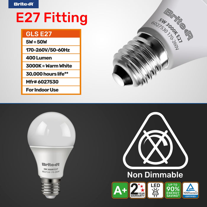 Brite-R 5W E27 ES GLS LED Bulb Warm White 3000K - westbasedirect.com