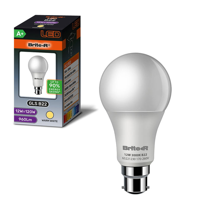 Brite-R 12W B22 BC GLS LED Bulb Warm White 3000K - westbasedirect.com