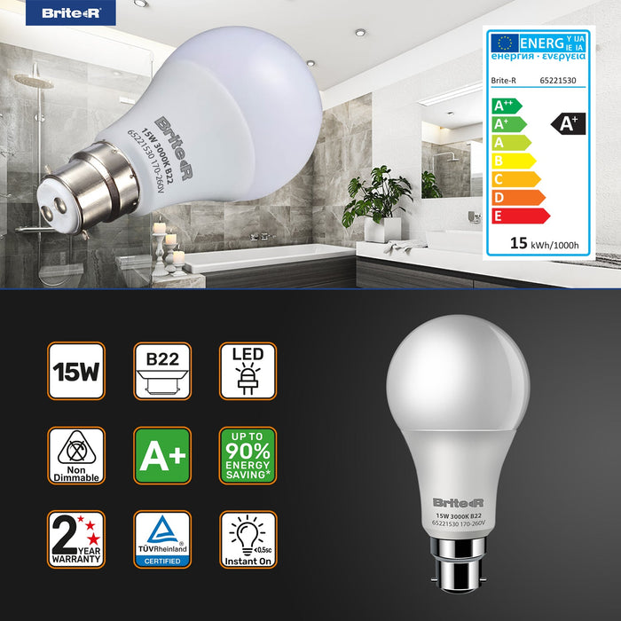 Brite-R 15W B22 BC GLS LED Bulb Warm White 3000K - westbasedirect.com