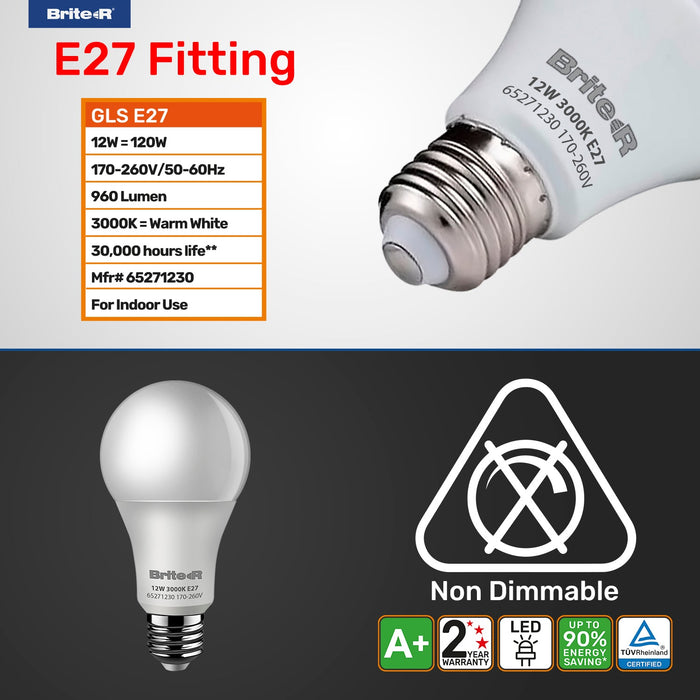 Brite-R 12W E27 ES GLS LED Bulb Warm White 3000K - westbasedirect.com