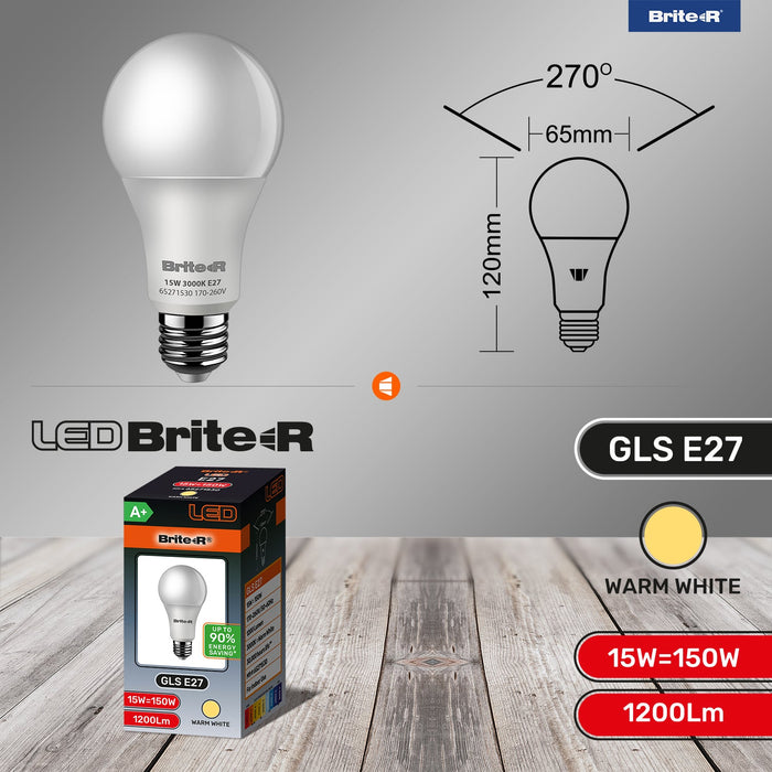 Brite-R 15W E27 ES GLS LED Bulb Warm White 3000K - westbasedirect.com