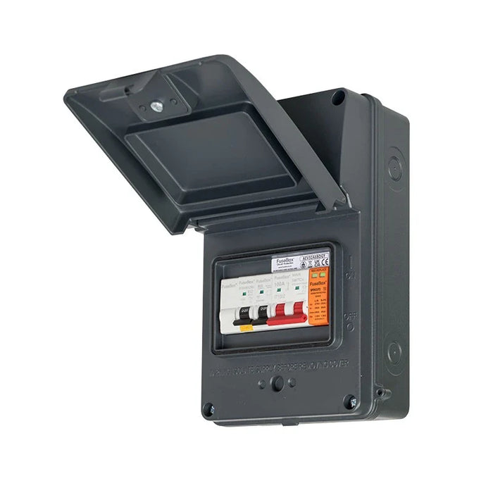 FuseBox AEV32AXBDGY EV Distribution IP65 100A Main Switch +32A 30mA Mini RCBO + T2 SPD Grey - westbasedirect.com