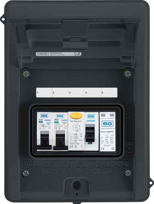 BG CFEV1RDA IP65 Weatherproof Metal EV Charger Circuit Protection with 40A Type A DP RCBO, 100A Main Switch & Type 2 SPD - westbasedirect.com