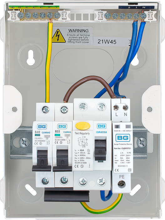 BG CFUEV1A IP20 Metal Metal EV Charger Circuit Protection with 40A 30mA Type A RCD, 40A B Curve MCB & Type 2 SPD - westbasedirect.com