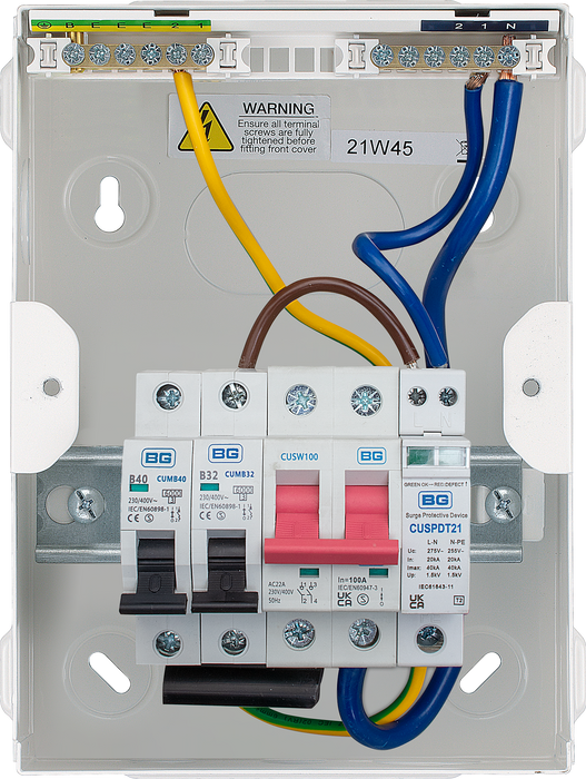 BG CFUEV2 IP20 Metal Metal EV Charger Circuit Protection with 100A Main Switch, 40A B Curve MCB & Type 2 SPD - westbasedirect.com