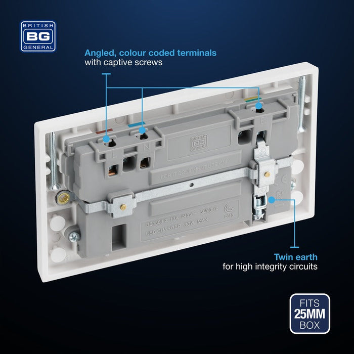 BG 922UAC30 White Square Edge 13A Double Socket + USB A+C (30W) - westbasedirect.com