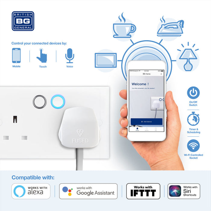 BG 922/HC White Moulded Square Edge Double Switched 13A Power Socket with Smart Home Control - westbasedirect.com