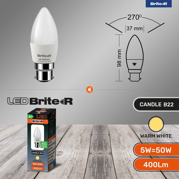 Brite-R 5W B22 BC Candle LED Bulb Warm White 3000K - westbasedirect.com