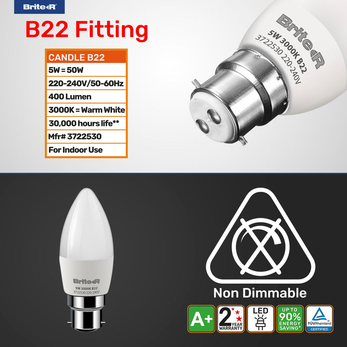 Brite-R 5W B22 BC Candle LED Bulb Warm White 3000K - westbasedirect.com