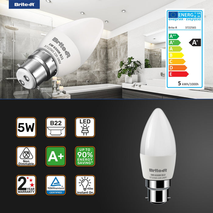 Brite-R 5W B22 BC Candle LED Bulb Cool White 6500K - westbasedirect.com