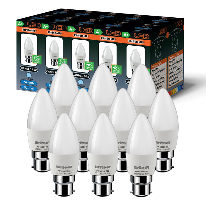 Brite-R 7W B22 BC Candle LED Bulb Cool White 6500K (10 Pack)