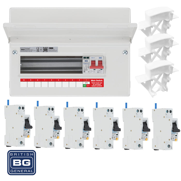 BG Fortress CF12MS9 12 Module 9 Way 100A Main Switch Consumer Unit with T2 SPD + 6 RCBOs & 3x CUA04 FREE Blanks