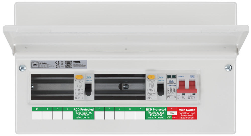 BG Fortress CF16D88S9 16 Module 9 Way Unpopulated Dual RCD Consumer Unit with 100A Main Switch, 2x 80A Type A 30mA RCD & 1x SPD