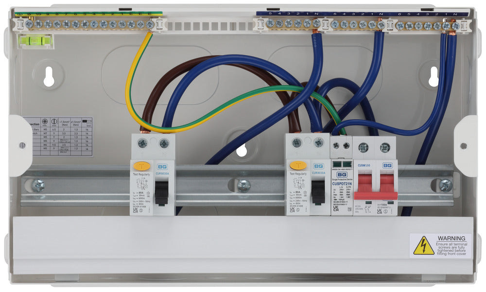 BG Fortress CF16D88S9 16 Module 9 Way Unpopulated Dual RCD Consumer Unit with 100A Main Switch, 2x 80A Type A 30mA RCD & 1x SPD