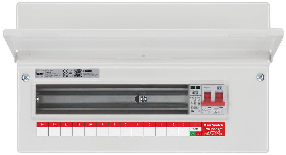 BG Fortress CF16MS13 16 Module 13 Way Unpopulated Metal Consumer Unit with 100A Main Switch & 1x SPD