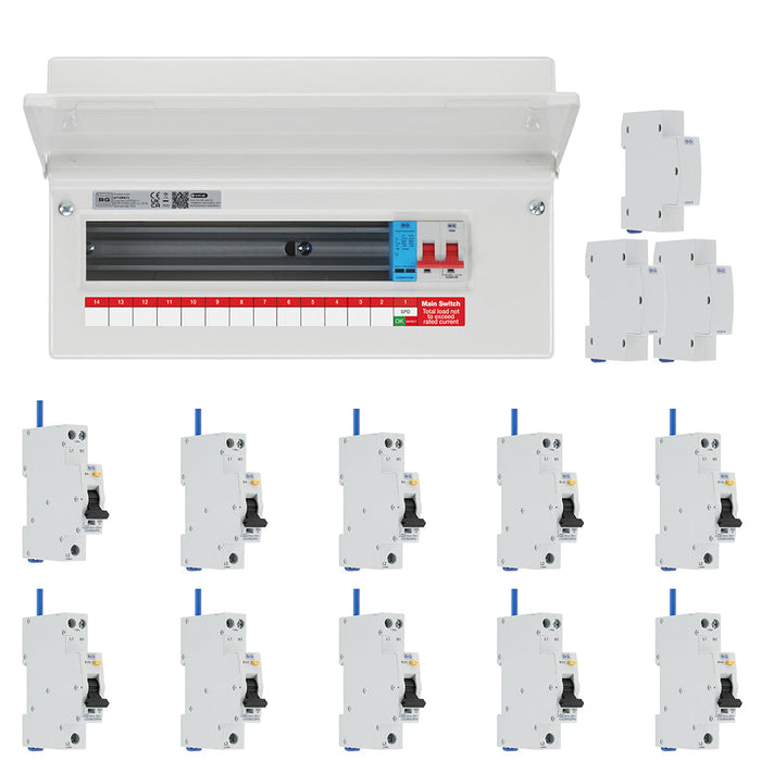 BG Fortress CF16MS13 16 Module 13 Way 100A Main Switch Consumer Unit with T2 SPD + 10 Bi-Directional DP RCBOs & 3x CUA19 FREE Blanks
