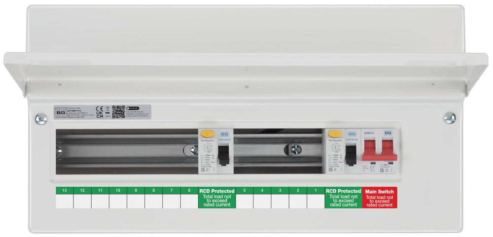 BG Fortress CF19D1113 19 Module 13 Way Unpopulated Dual RCD Consumer Unit with 100A Main Switch & 2x 100A Type A 30mA RCD