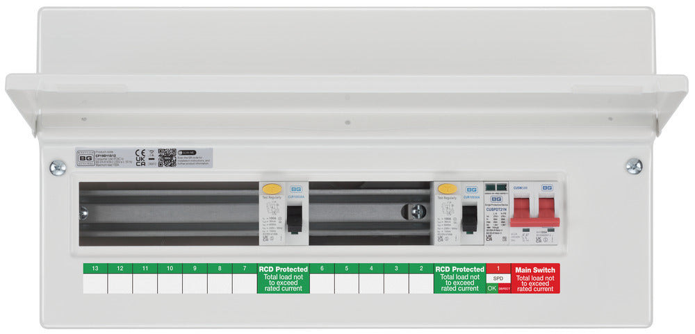 BG Fortress CF19D11S12 19 Module 12 Way Unpopulated Dual RCD Consumer Unit with 100A Main Switch, 2x 100A Type A 30mA RCD & 1x SPD