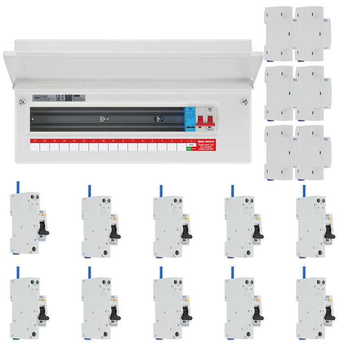 BG Fortress CF19MS16 19 Module 16 Way 100A Main Switch Consumer Unit with T2 SPD + 10 Bi-Directional DP RCBOs & 6x CUA19 FREE Blanks