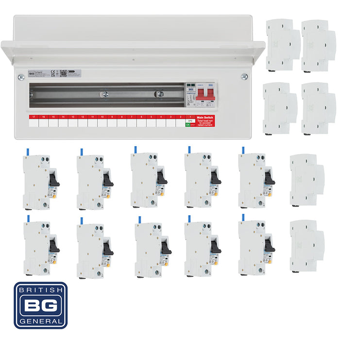 BG Fortress CF19MS16 19 Module 16 Way 100A Main Switch Consumer Unit with T2 SPD + 10 RCBOs & 6x CUA19 FREE Blanks