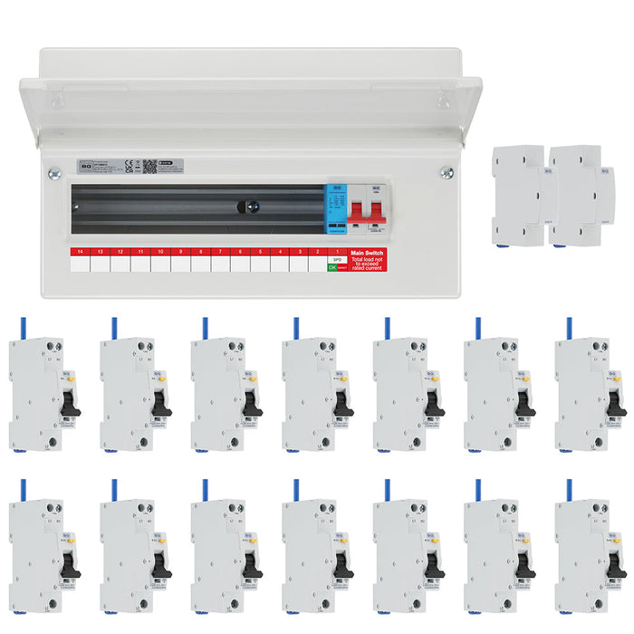 BG Fortress CF19MS16 19 Module 16 Way 100A Main Switch Consumer Unit with T2 SPD + 14 Bi-Directional DP RCBOs & 2x CUA19 FREE Blank