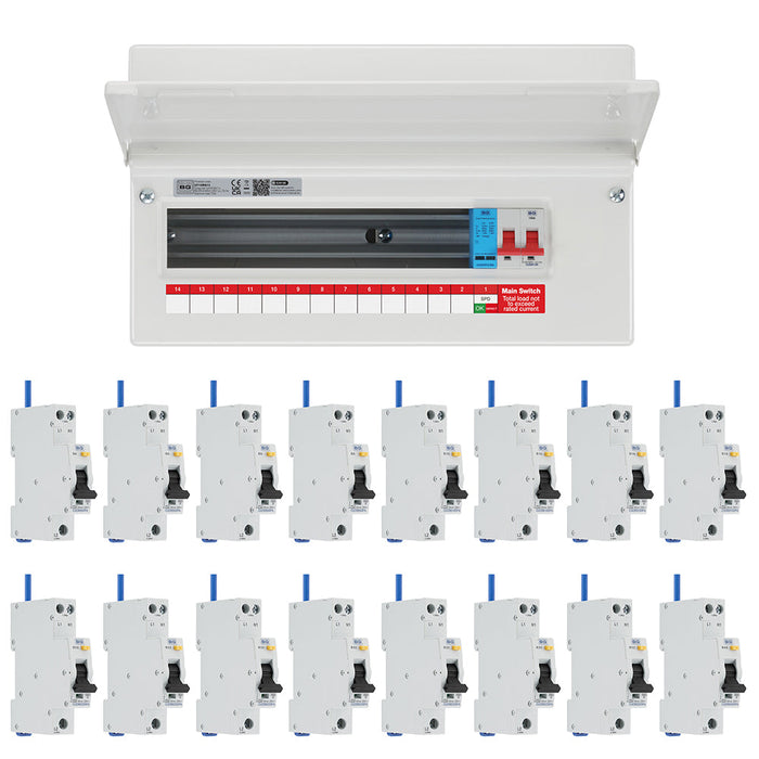 BG Fortress CF19MS16 19 Module 16 Way 100A Main Switch Consumer Unit with T2 SPD + 16 Bi-Directional DP RCBOs